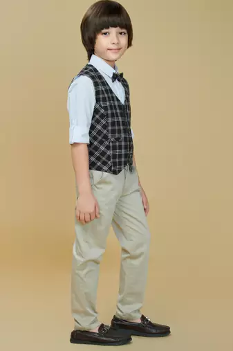 Cotton woven checks shirt trouser waistcoat set-black