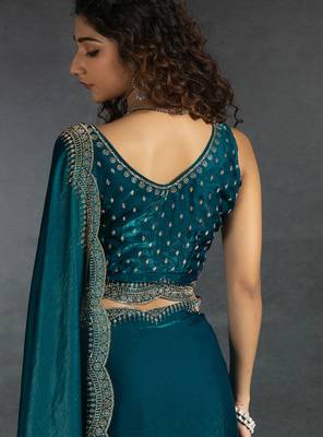 Teal blue sequin embroidered fendy two tone satin silk blend saree sari 5
