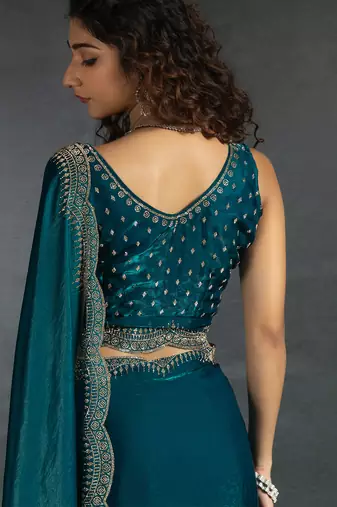 Teal blue sequin embroidered fendy two tone satin silk blend saree sari