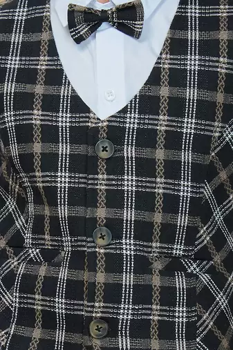 Cotton woven checks shirt trouser waistcoat set-black