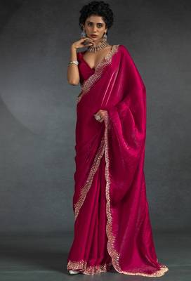 Magenta sequin embroidered fendy two tone satin silk blend saree sari 1