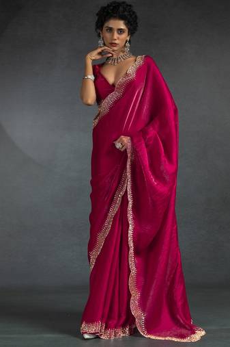 Magenta sequin embroidered fendy two tone satin silk blend saree sari