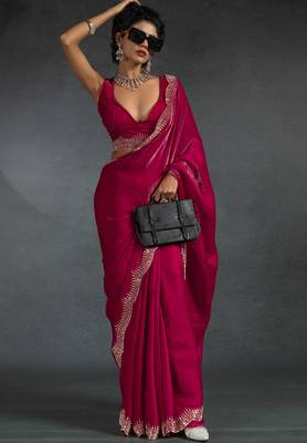 Magenta sequin embroidered fendy two tone satin silk blend saree sari 2