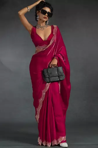Magenta sequin embroidered fendy two tone satin silk blend saree sari