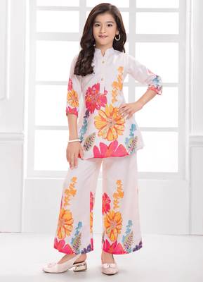 Cotton silk woven floral print cotton silk kurta and palazzo-white 1