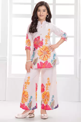 Cotton silk woven floral print cotton silk kurta and palazzo-white