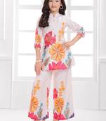Cotton silk woven floral print cotton silk kurta and palazzo-white