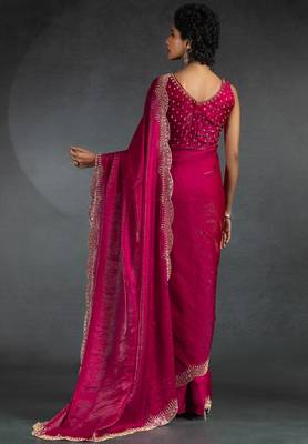 Magenta sequin embroidered fendy two tone satin silk blend saree sari 3