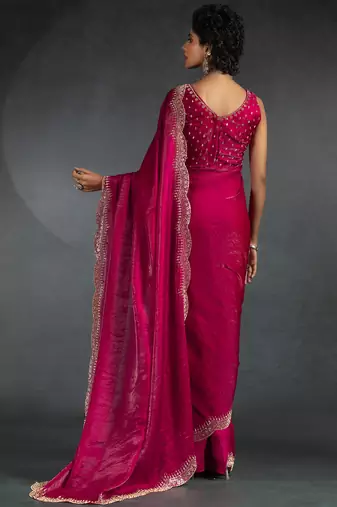 Magenta sequin embroidered fendy two tone satin silk blend saree sari