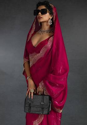 Magenta sequin embroidered fendy two tone satin silk blend saree sari 4
