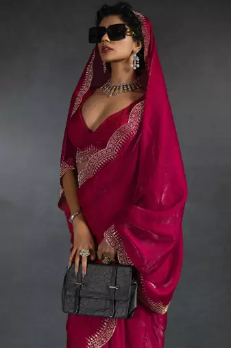Magenta sequin embroidered fendy two tone satin silk blend saree sari