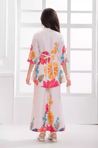 Cotton silk woven floral print cotton silk kurta and palazzo-white