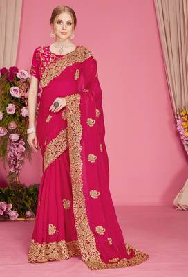 Magenta sequin embroidered work two tone silk blend saree sari 1