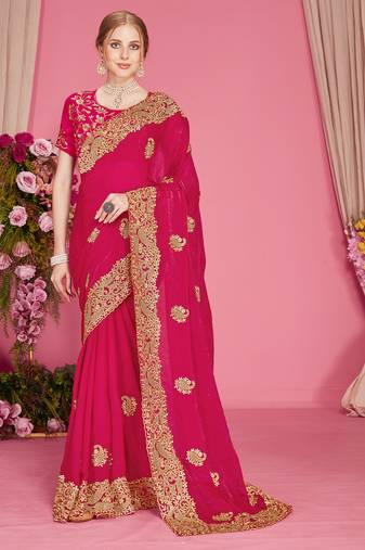 Magenta sequin embroidered work two tone silk blend saree sari