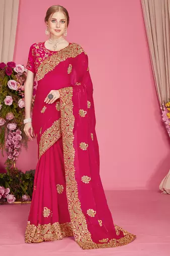 Magenta sequin embroidered work two tone silk blend saree sari