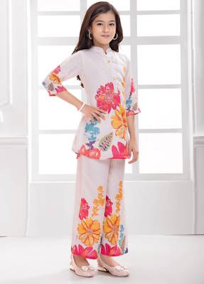 Cotton silk woven floral print cotton silk kurta and palazzo-white 3