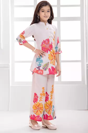 Cotton silk woven floral print cotton silk kurta and palazzo-white