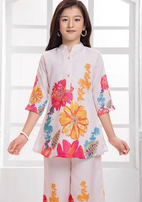 Cotton silk woven floral print cotton silk kurta and palazzo-white 4