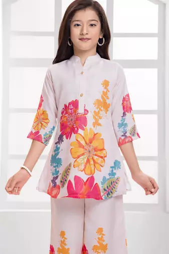 Cotton silk woven floral print cotton silk kurta and palazzo-white