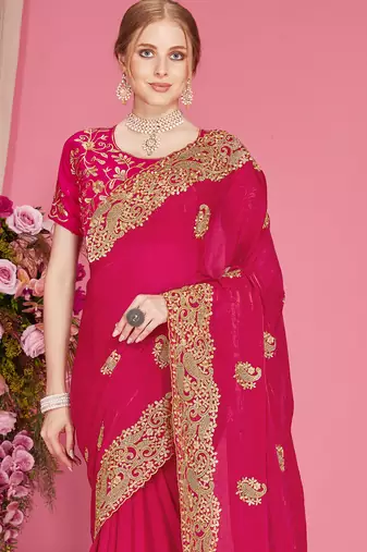 Magenta sequin embroidered work two tone silk blend saree sari