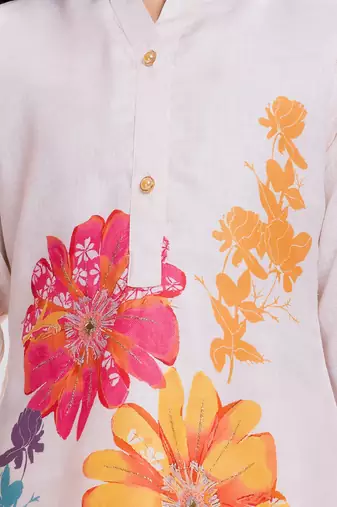 Cotton silk woven floral print cotton silk kurta and palazzo-white