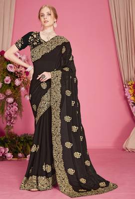 Black sequin embroidered work two tone silk blend saree sari 1