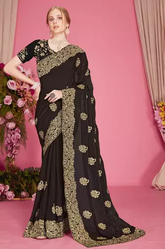 Black sequin embroidered work two tone silk blend saree sari