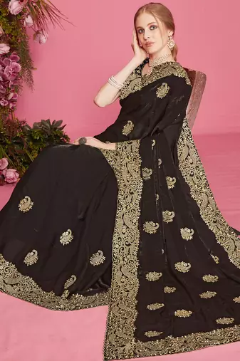 Black sequin embroidered work two tone silk blend saree sari
