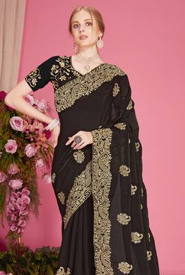 Black sequin embroidered work two tone silk blend saree sari 3