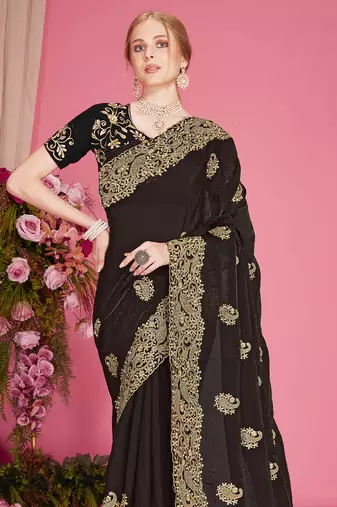 Black sequin embroidered work two tone silk blend saree sari