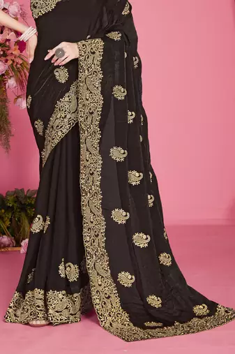 Black sequin embroidered work two tone silk blend saree sari