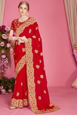 Red sequin embroidered work two tone silk blend saree sari 1