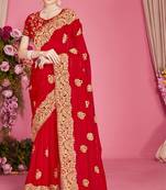 Red sequin embroidered work two tone silk blend saree sari