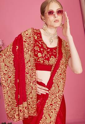 Red sequin embroidered work two tone silk blend saree sari 2