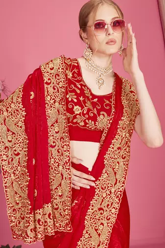 Red sequin embroidered work two tone silk blend saree sari