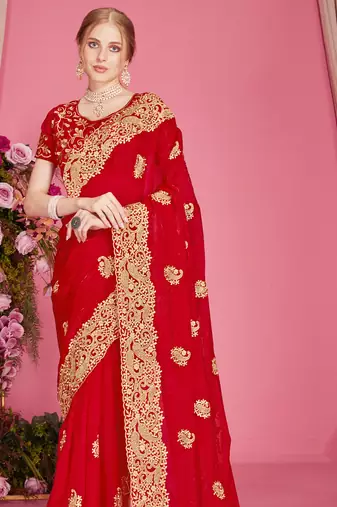 Red sequin embroidered work two tone silk blend saree sari