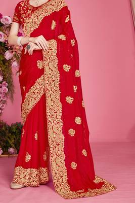 Red sequin embroidered work two tone silk blend saree sari 4
