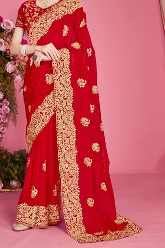 Red sequin embroidered work two tone silk blend saree sari