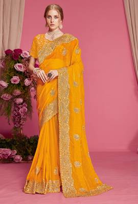 Mustard sequin embroidered work two tone silk blend saree sari 1