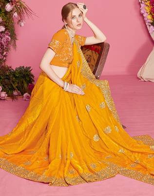 Mustard sequin embroidered work two tone silk blend saree sari 2