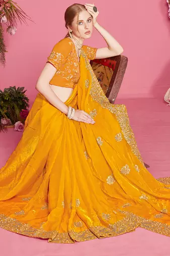 Mustard sequin embroidered work two tone silk blend saree sari