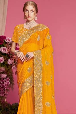 Mustard sequin embroidered work two tone silk blend saree sari 3