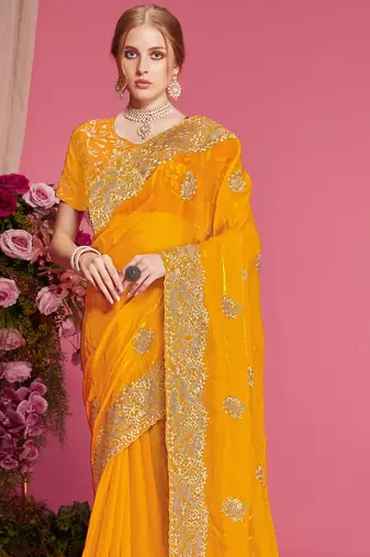 Mustard sequin embroidered work two tone silk blend saree sari