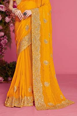 Mustard sequin embroidered work two tone silk blend saree sari 4