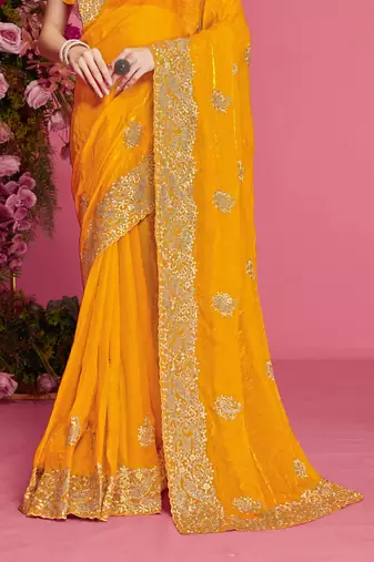 Mustard sequin embroidered work two tone silk blend saree sari