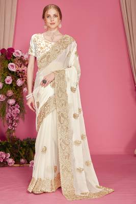 White sequin embroidered work two tone silk blend saree sari 1