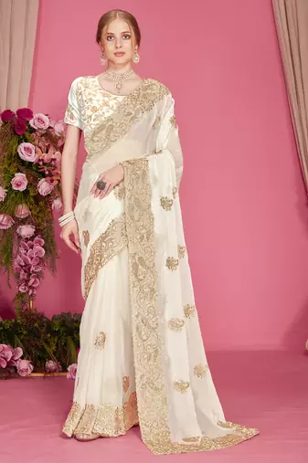 White sequin embroidered work two tone silk blend saree sari