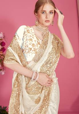 White sequin embroidered work two tone silk blend saree sari 2
