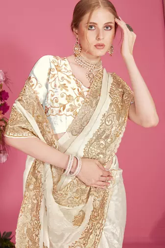 White sequin embroidered work two tone silk blend saree sari
