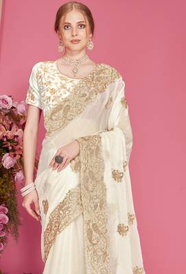 White sequin embroidered work two tone silk blend saree sari 3